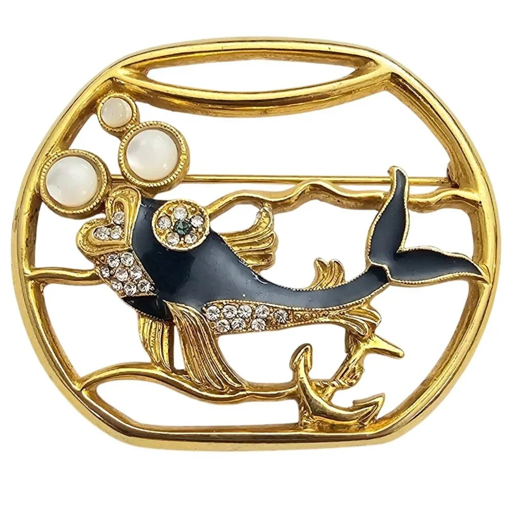 1928 Brand Fish In Bowl Brooch Mother Of Pearl Cab Blue Enamel Pin J295